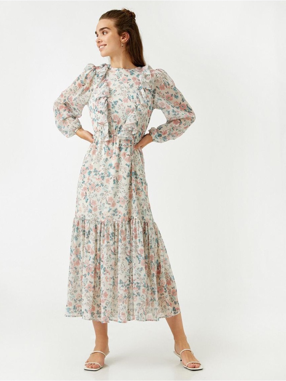 Floral Ruffle Maxi Dress in Pink & Blue